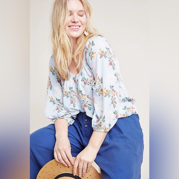 *EUC* Anthropologie Maeve Boswell Blouse Top in Blue Striped Floral Top, Size 4 - Picture 3 of 11